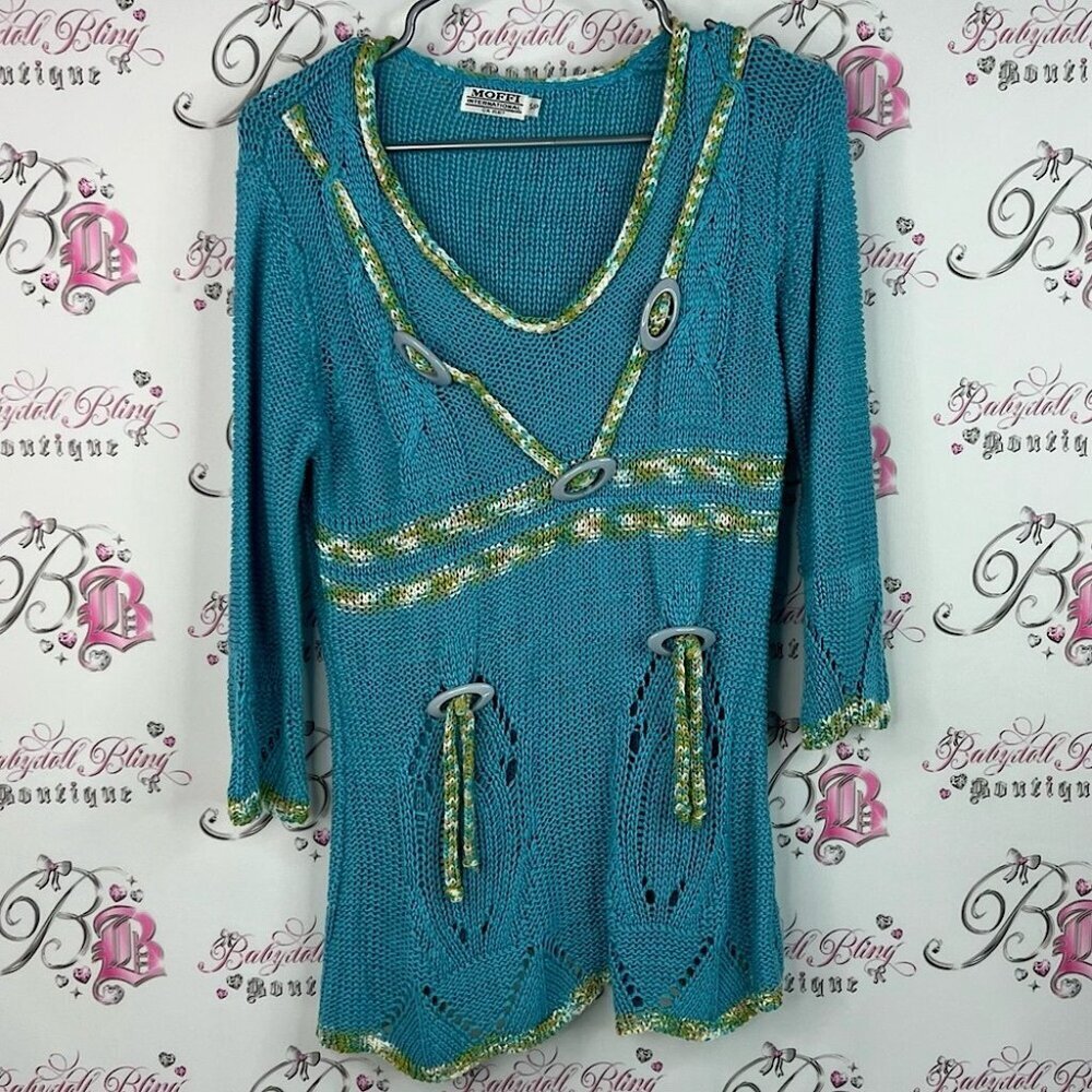 Moffi international sweater tassle beads Teal Knit Sweater with Yellow Accents